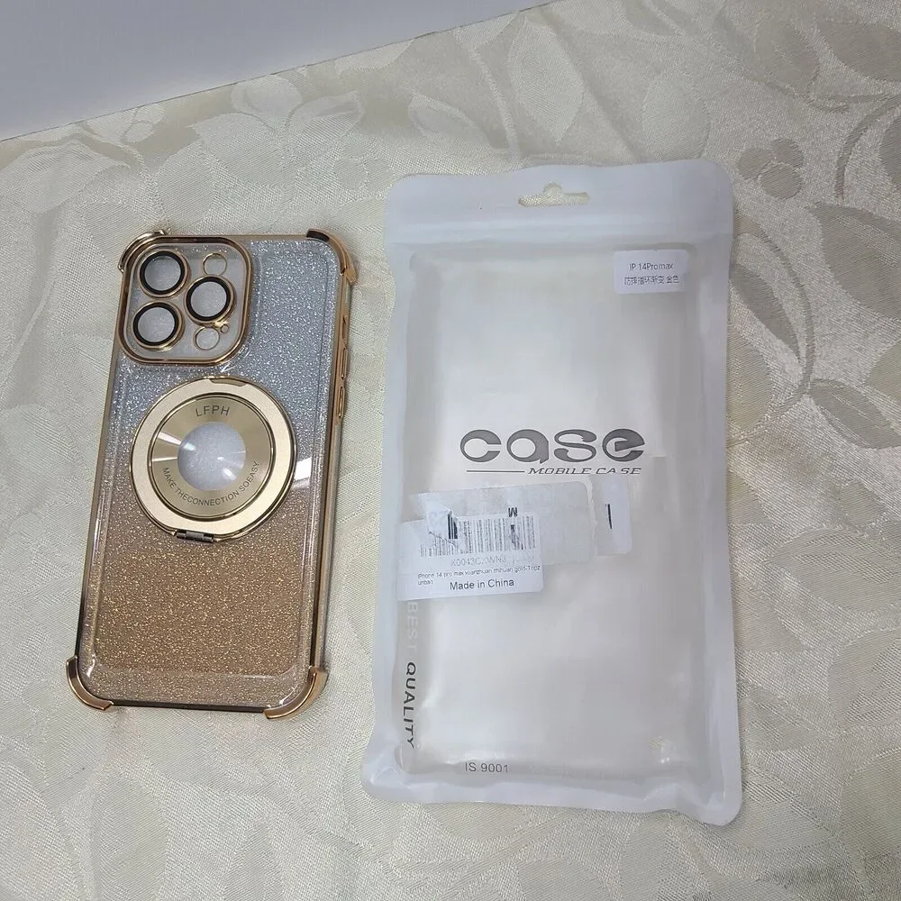 Case For iPhone 14 Pro Max Gold Silver Glitter Bling with Ring Holder